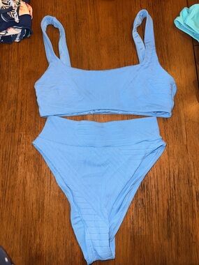 aerie Light Blue Ribbed High-Waist Bikini Set